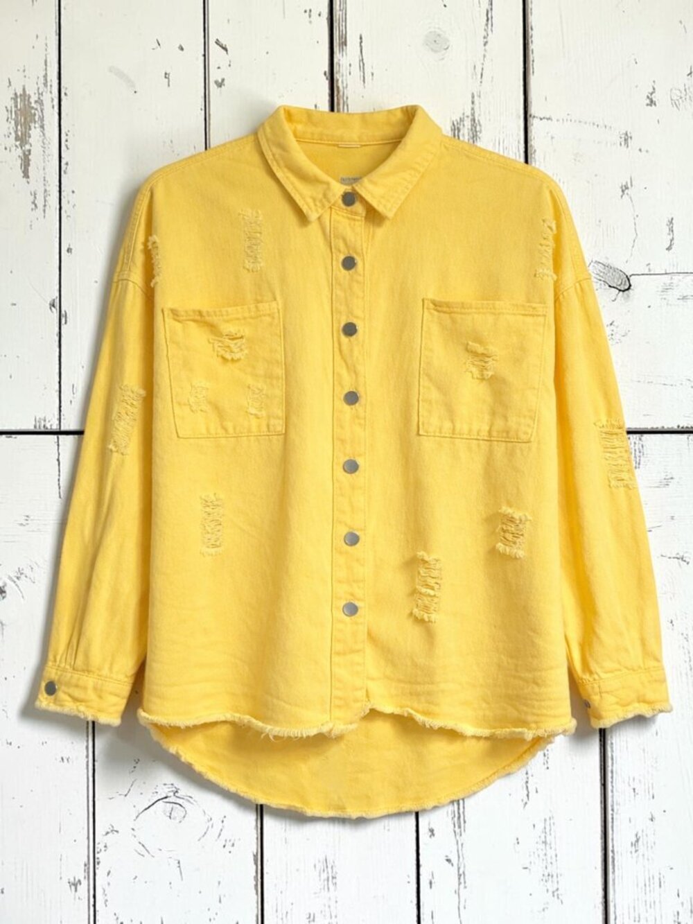 Lemon Yellow Distressed Cotton Denim Boho Coastal Cowgirl Shacket Jacket Large - Picture 5 of 14